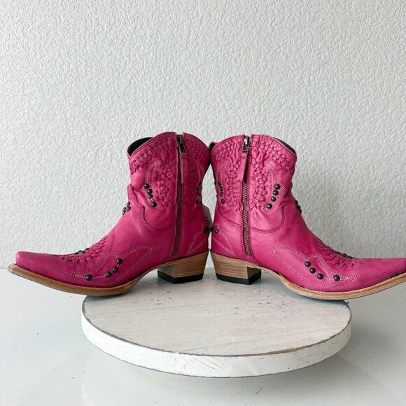 Lane COSSETTE Womens Cowboy Bootie 7 Hot Pink Leather Western Short Ankle Boots - Picture 10 of 13